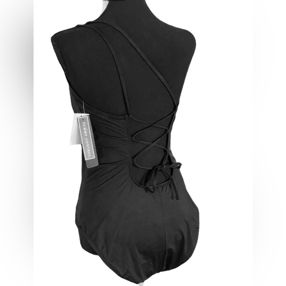 La Blanca Goddess Swimsuit One Piece Back Cutout One Shoulder Black Tummy Tight - Picture 4 of 14